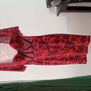 Shein_szS__red with black floral print dress. Corset style top. Slip attachment